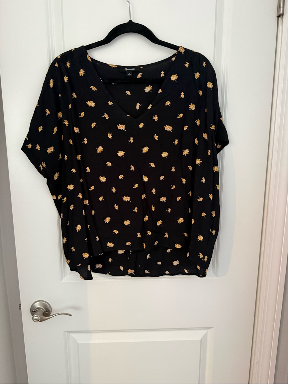 Madewell Black V-Neck Floral blouse with Yellow Accents